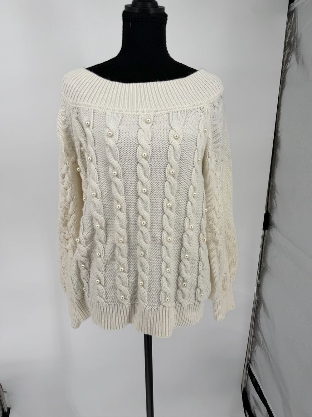 Cream Pearl-Embellished Cable Knit boat neck Sweater